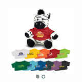 A plush zebra toy with black and white stripes, wearing a red shirt, surrounded by colourful t-shirts in various colours.