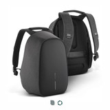 A grey and black backpack with adjustable straps and a sleek design, featuring a branding logo.