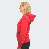 A red unisex hoodie featuring a kangaroo pocket and adjustable hood, displayed on a model in profile.