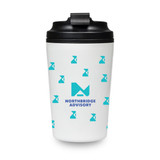 A reusable coffee cup in white with a black lid, featuring a logo and turquoise geometric patterns.