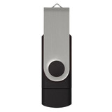A black and silver Helix 8GB dual flash drive with a metal clip and circular button, featuring a logo. A black and silver Helix 8GB dual flash drive with a metal clip and circular button, featuring a logo.