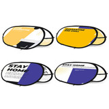 Oval-shaped pop-up banners in yellow, black, and purple, featuring various designs and a logo.