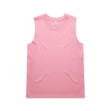 A pink sleeveless tank top with a round neckline, featuring a logo.