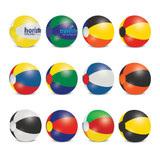 A selection of colourful beach balls in various patterns and designs, some featuring logos. A selection of colourful beach balls in various patterns and designs, some featuring logos.