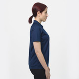 A navy women's polo shirt with a collar and short sleeves, featuring a logo on the front.