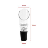 A clear wine aerator with a black base, measuring 90mm in height and 32mm in diameter.