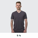 A men's V-neck T-shirt in a muted grey colour, featuring a logo, worn by a model with a moustache.