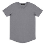 A grey men's t-shirt with a round neck and short sleeves, featuring a slight curved hem and a logo.