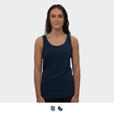 A navy blue women's tank top with thin straps and a fitted design, displayed on a model.