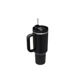 A drink bottle in black stainless steel with a lid and straw, featuring a sturdy handle and a sleek design. A drink bottle in black stainless steel with a lid and straw, featuring a sturdy handle and a sleek design.