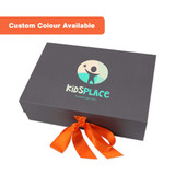 A large foldable magnetic box in grey with an orange ribbon and a logo on the front. Custom colour available.