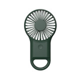 A green carabiner mini fan featuring an LED light, designed for portability with a handle for easy attachment.