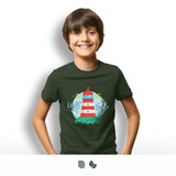A youth t-shirt in dark green featuring a lighthouse graphic with waves. It has a logo on the design.