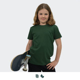 A youth T-shirt in dark green, worn by a child holding a skateboard, featuring a logo.