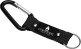 A black keyring featuring a carabiner and a durable strap with branding. Ideal for outdoor use and accessories. A black keyring featuring a carabiner and a durable strap with branding. Ideal for outdoor use and accessories.