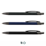 Three metal pens displayed in black, navy blue, and dark grey, each featuring a clip and a logo.