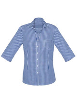 A blue and white checked button-up shirt with 3/4 sleeves and a single chest pocket.
