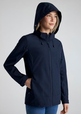 A women's navy jacket with a hood and zip-front closure, featuring a branded logo on the sleeve.