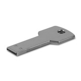 A sleek, metallic 4GB flash drive designed in the shape of a key.