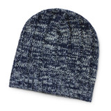 A knitted beanie in shades of navy blue and light gray, featuring a textured pattern.
