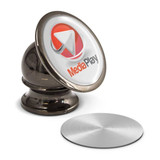 A metallic magnetic phone holder with a circular base and branding. The holder features silver and black colours. A metallic magnetic phone holder with a circular base and branding. The holder features silver and black colours.