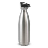 A drink bottle in stainless steel with a push-button lid, featuring a black top and a sleek design.