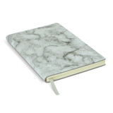 A marble-patterned soft cover notebook in shades of grey with a ribbon bookmark. Features a simple branding logo.