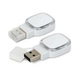 A white 4GB flash drive with a clear casing and retractable USB connector. It features a logo on the surface.