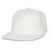 A white flat peak cap with a patch on the front and a logo on the side.