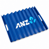 A blue Cardboard Clapper with a wavy design and a logo on it. Ideal as a fun novelty item for events.