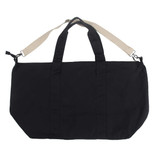 A black duffle bag with a beige shoulder strap and sturdy handles, featuring a logo. A black duffle bag with a beige shoulder strap and sturdy handles, featuring a logo.