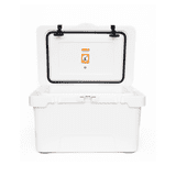 A white cooler box with a hinged lid, featuring a seal and handles, and displaying a logo on the front. A white cooler box with a hinged lid, featuring a seal and handles, and displaying a logo on the front.