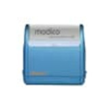 A blue Modico 2 stamp with a light grey top, designed for a 37x11mm imprint, featuring a logo. A blue Modico 2 stamp with a light grey top, designed for a 37x11mm imprint, featuring a logo.