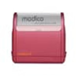 A red stamp device with a grey top, featuring a logo, designed for imprinting.