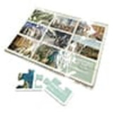 A5 cardboard jigsaw featuring multiple scenic images in soft colours, with several puzzle pieces displayed beside it. A5 cardboard jigsaw featuring multiple scenic images in soft colours, with several puzzle pieces displayed beside it.