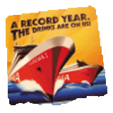 A vibrant coaster featuring two ships with bold red and yellow colours, along with a logo.