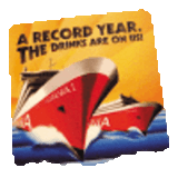 A vibrant coaster featuring two ships with bold red and yellow colours, along with a logo. A vibrant coaster featuring two ships with bold red and yellow colours, along with a logo.
