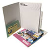 A compendium featuring a grey cover, multiple internal pockets, and assorted inserts in various colours.