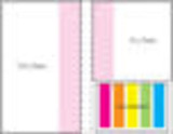 A laminated pad with a four-colour cover featuring pink, yellow, green, orange, and blue sections. It has a logo. A laminated pad with a four-colour cover featuring pink, yellow, green, orange, and blue sections. It has a logo.