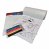 A roll of colouring paper featuring outlines, with a set of coloured markers in vibrant hues. A roll of colouring paper featuring outlines, with a set of coloured markers in vibrant hues.