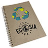 A recycled notebook with a spiral binding, featuring a green and blue recycling symbol and a logo on a brown cover.