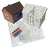 A house-shaped money box kit with a brown roof, transparent walls, and colourful markers for decorating. A house-shaped money box kit with a brown roof, transparent walls, and colourful markers for decorating.