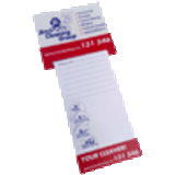 A magnetic shopping list pad featuring a white notepad with blue and red accents and a branding logo.