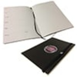 A black PU soft cover notebook with an elastic closure, featuring a blank interior and a branding logo.