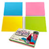 A set of four combo pads in blue, pink, yellow, and green with a product box featuring a logo. A set of four combo pads in blue, pink, yellow, and green with a product box featuring a logo.