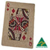 A diamond playing card in earthy tones with intricate design details and a logo at the bottom. A diamond playing card in earthy tones with intricate design details and a logo at the bottom.