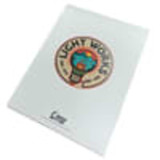 A white A5 notepad with a circular logo featuring a light bulb and globe design.