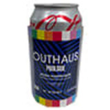 A drink can in a multicoloured disposable stubby holder. The holder has an abstract design and a logo. A drink can in a multicoloured disposable stubby holder. The holder has an abstract design and a logo.
