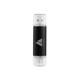 A double-end Type C flash drive in black and clear, featuring a logo on its casing.