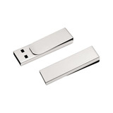 A metal clip flash drive in silver with a sleek design, featuring a removable cover and a logo.